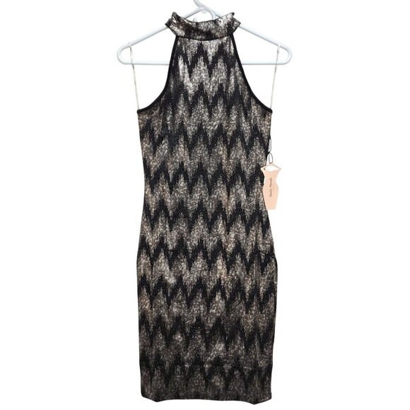Chevron Print Bodycon Mini Dress Halter Neck Keyhole Back Haute Black Silver M - Picture 10 of 10